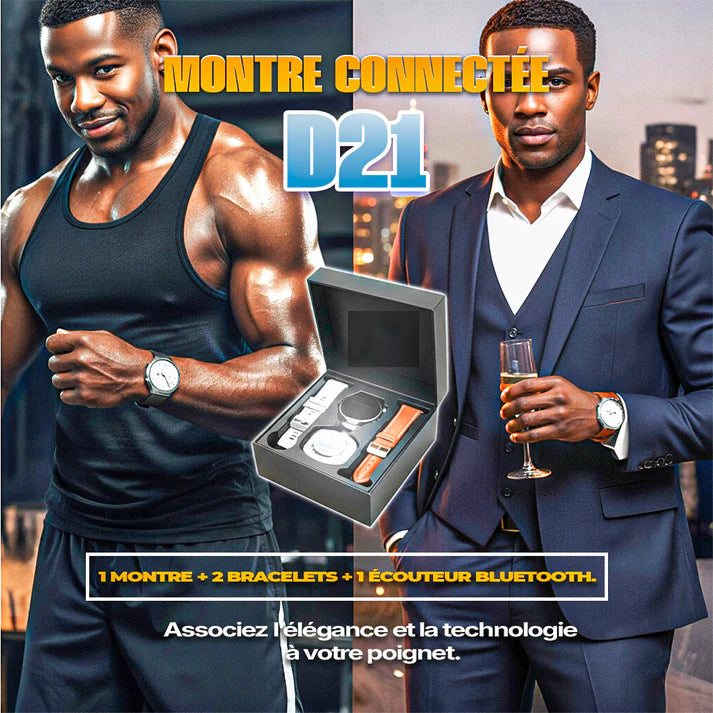 Montres connectée intelligentes D21 à écran rond 2 en 1 avec 1 écouteur et 2 bracelets
