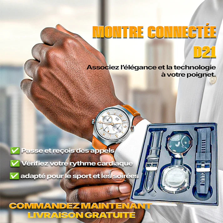 Montres connectée intelligentes D21 à écran rond 2 en 1 avec 1 écouteur et 2 bracelets