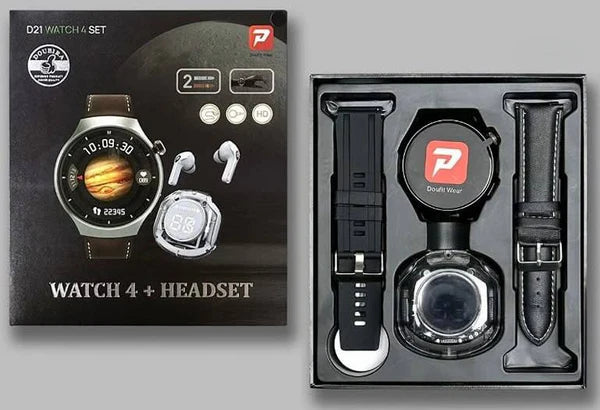Montres connectée intelligentes D21 à écran rond 2 en 1 avec 1 écouteur et 2 bracelets