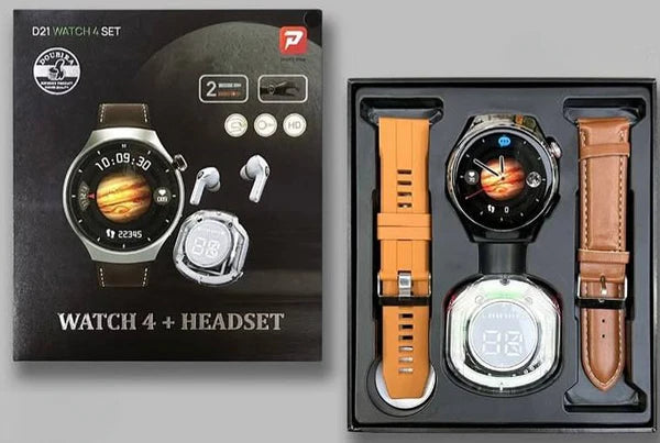 Montres connectée intelligentes D21 à écran rond 2 en 1 avec 1 écouteur et 2 bracelets